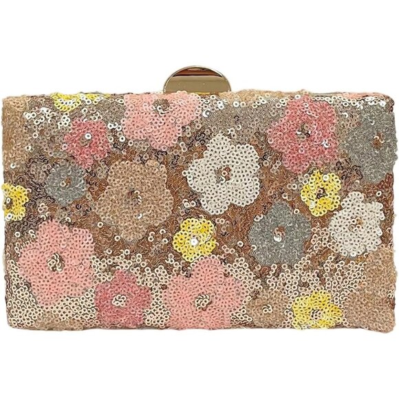 Coral Pink Women's Floral Sequin Crossbody Evening Bag with Chain